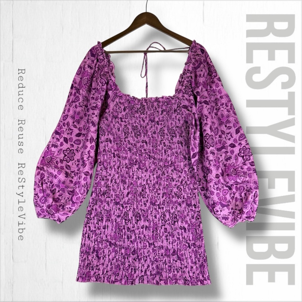 FREE PEOPLE Women’s Size L Dress Mini Ruching Stretch Balloon Sleeves Floral